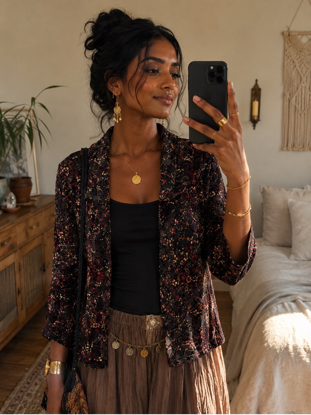 silence + noise Black Velvet Blazer with Red & Gold Burnout Floral